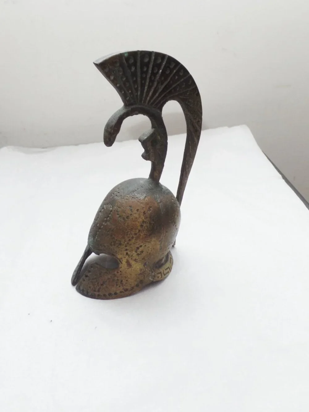 Vintage 5”  Greek Bronze Helmet w/ Patina Spartan Desk Bell